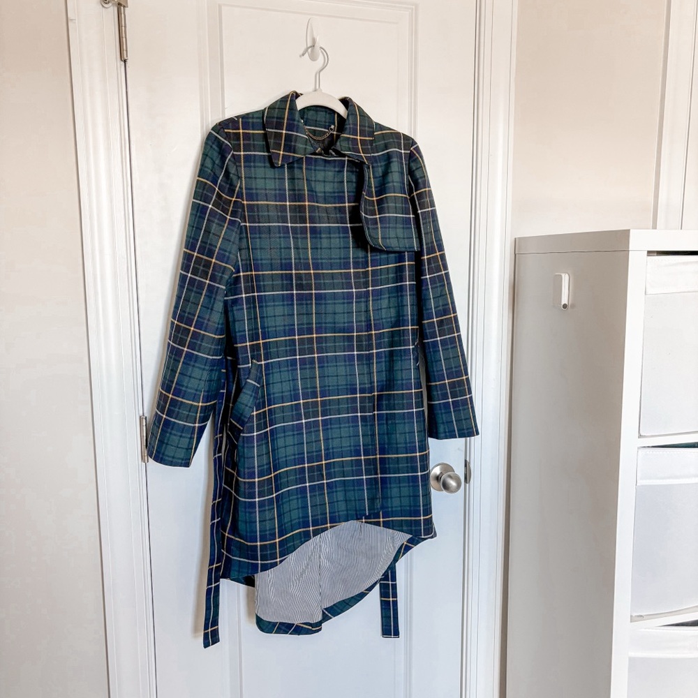 J. Crew Collection Green Navy Tartan Plaid Classic Belted Wool Blend Trench Coat - Picture 2 of 7